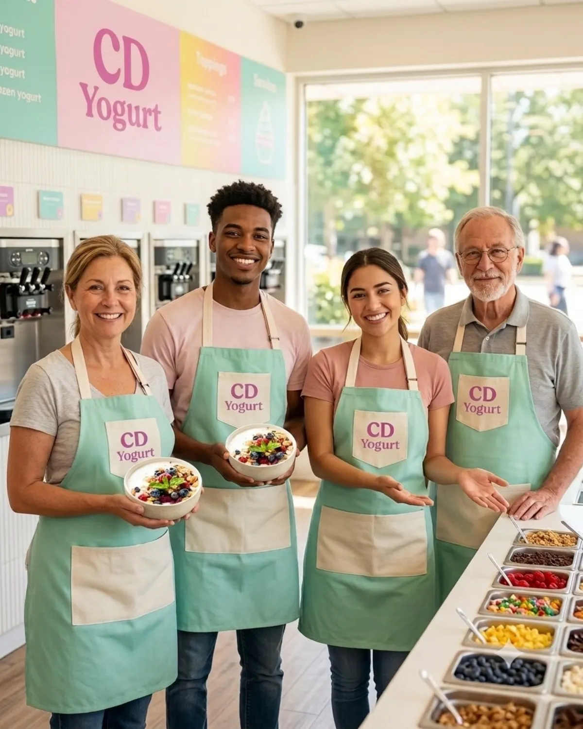 The CD Yogurt team smiling behind the counter, ready to serve